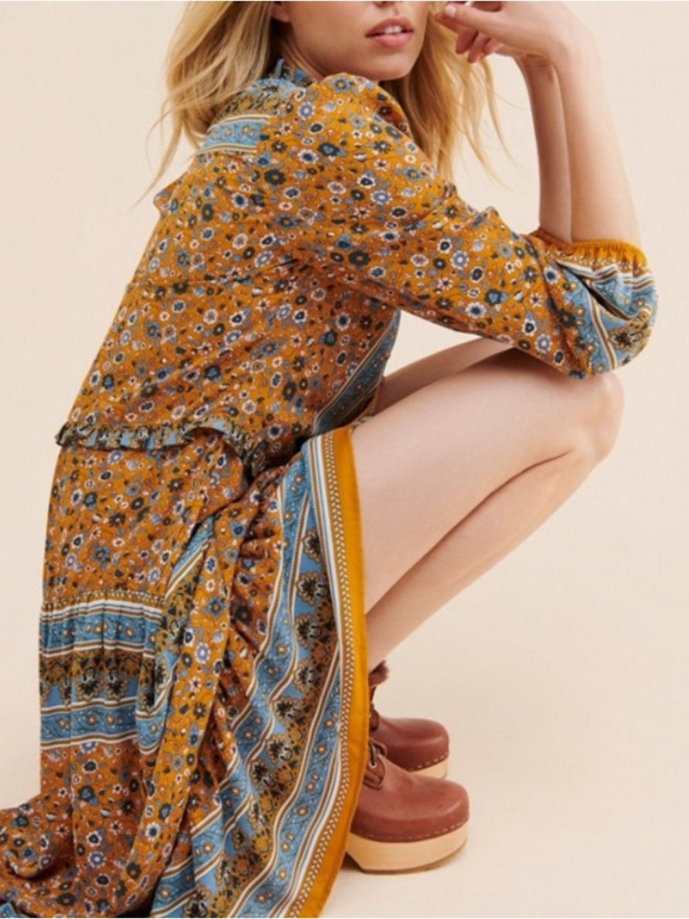 Current Air Mustard Floral Midi Dress with Blue Border